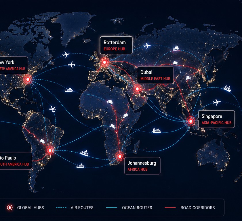 Global Diplomatic Logistics worldwide coverage map with air, ocean, and road corridors